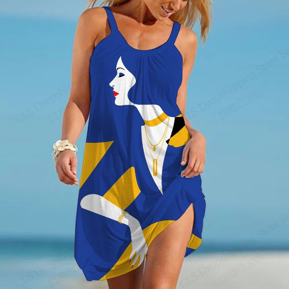 Women’s African Face Print Mini Sundress – Sleeveless Bohemian Beach Dress