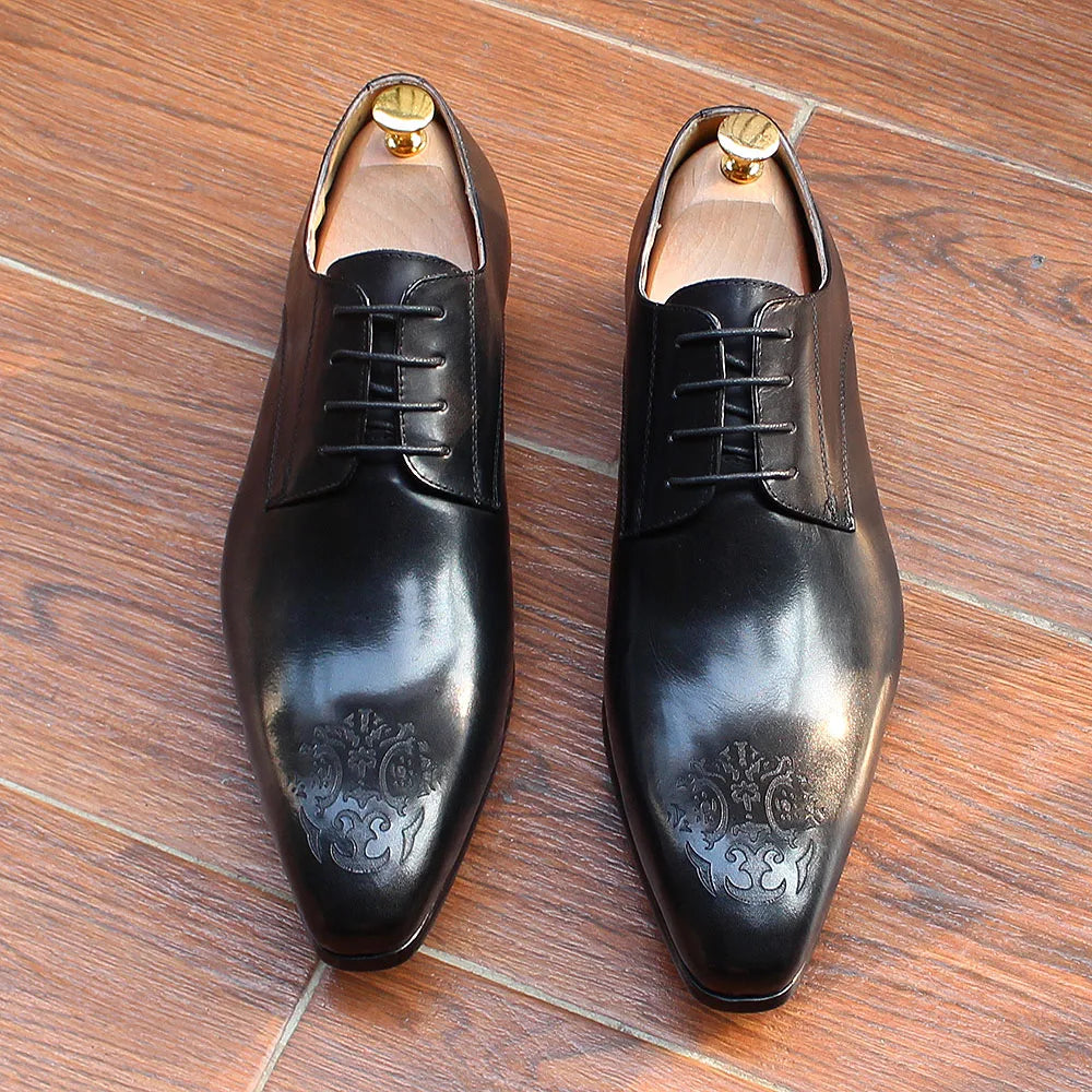 Elegant Men’s Oxford Derby Shoes – Genuine Leather, Pointed Toe