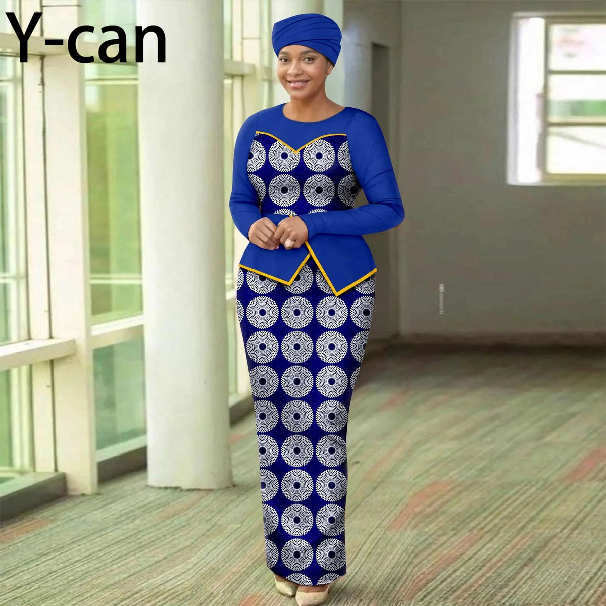 Women’s African Print Patchwork Gown with Headscarf – Elegant Wedding & Party Dress