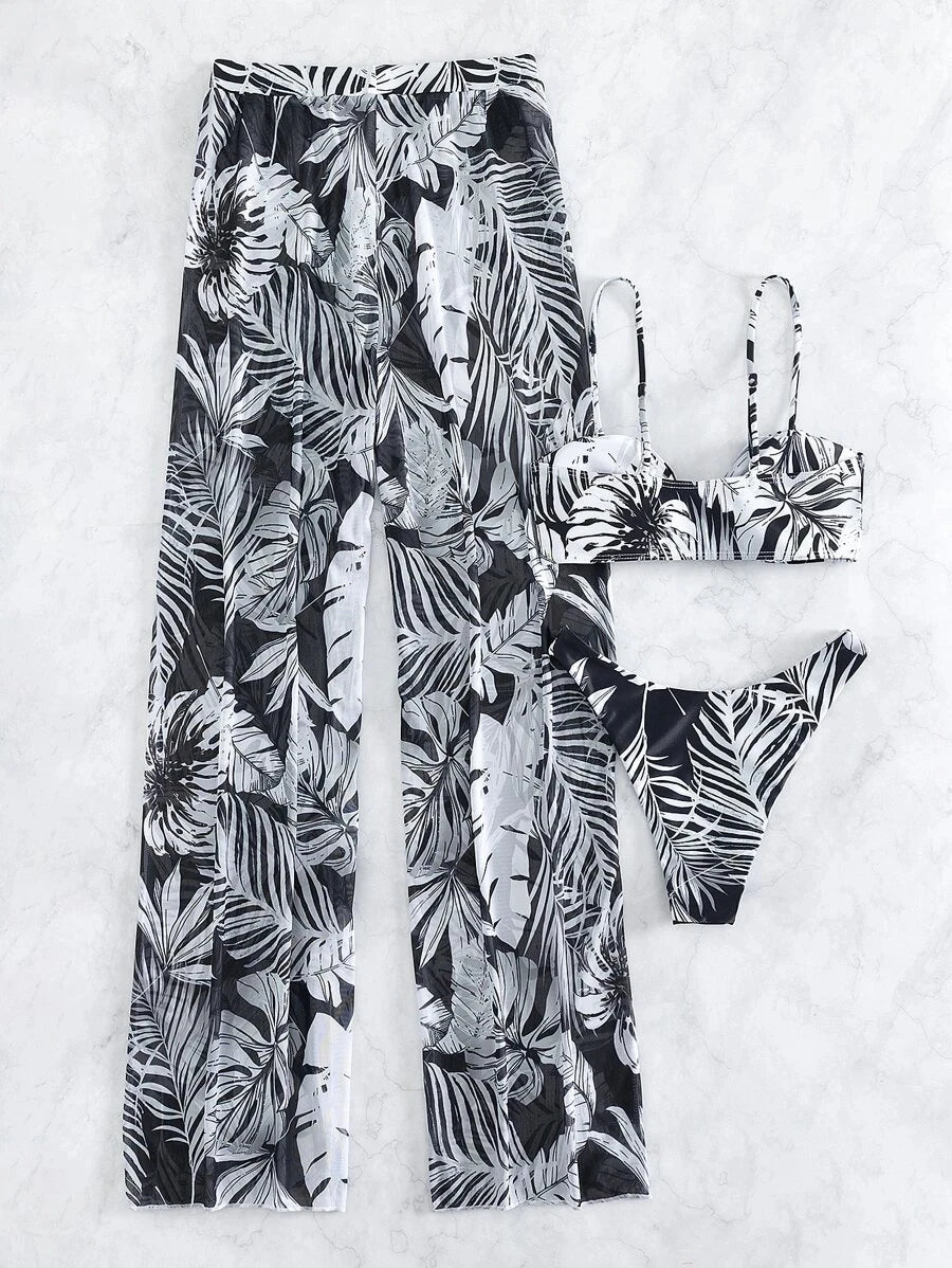 AMEHE 3-Piece Strappy Printed Bikini Set with Beach Pants