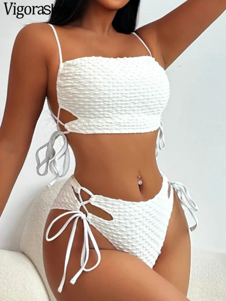 AMEHE Solid Color High-Waist Push-Up Bikini Swimsuit