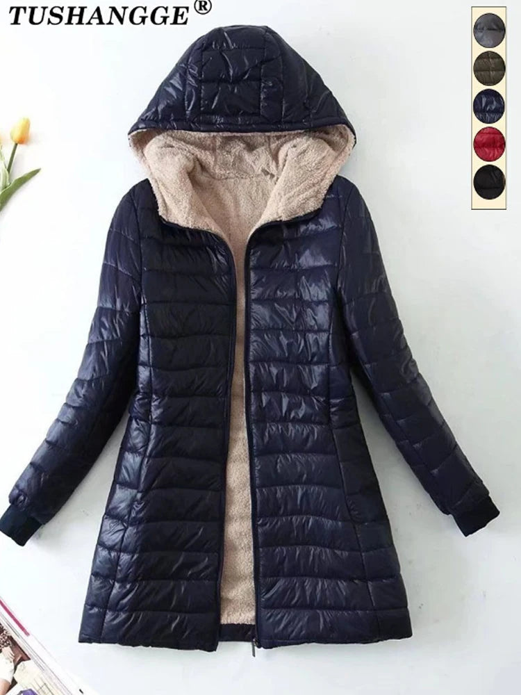 AMEHE Women's Hooded Mid-Length Fleece-Lined Winter Coat
