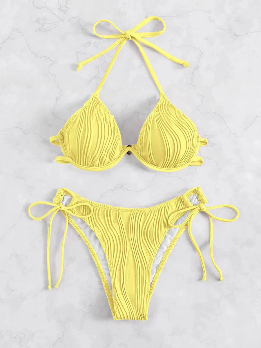 Women's Halter String Push-Up Bikini Set – Solid Color Two-Piece Swimsuit, Sexy Beach Swimwear