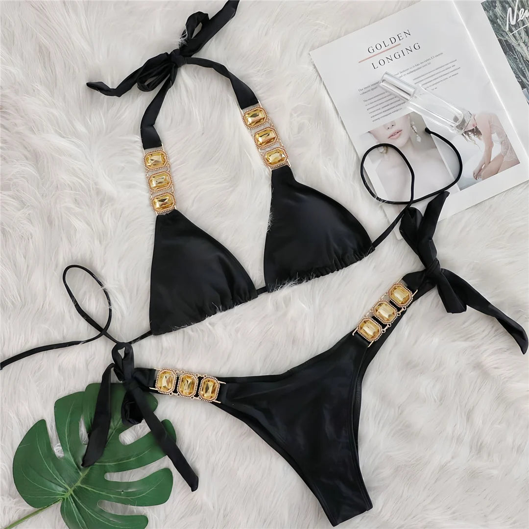 AMEHE Rhinestone Halter Two-Piece Bikini Swimsuit