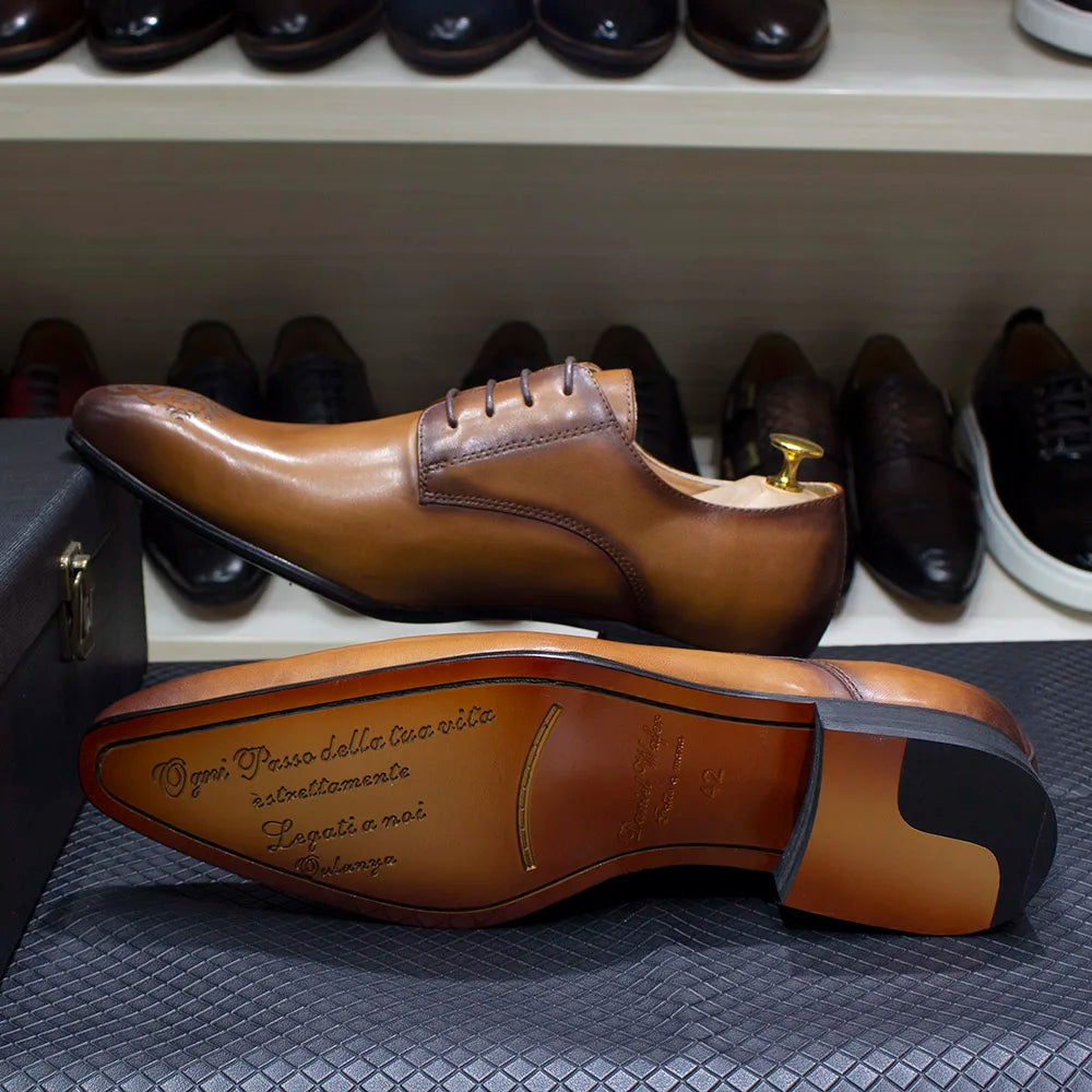 Elegant Men’s Oxford Derby Shoes – Genuine Leather, Pointed Toe