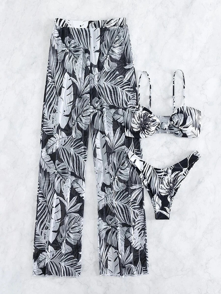 AMEHE 3-Piece Strappy Printed Bikini Set with Beach Pants