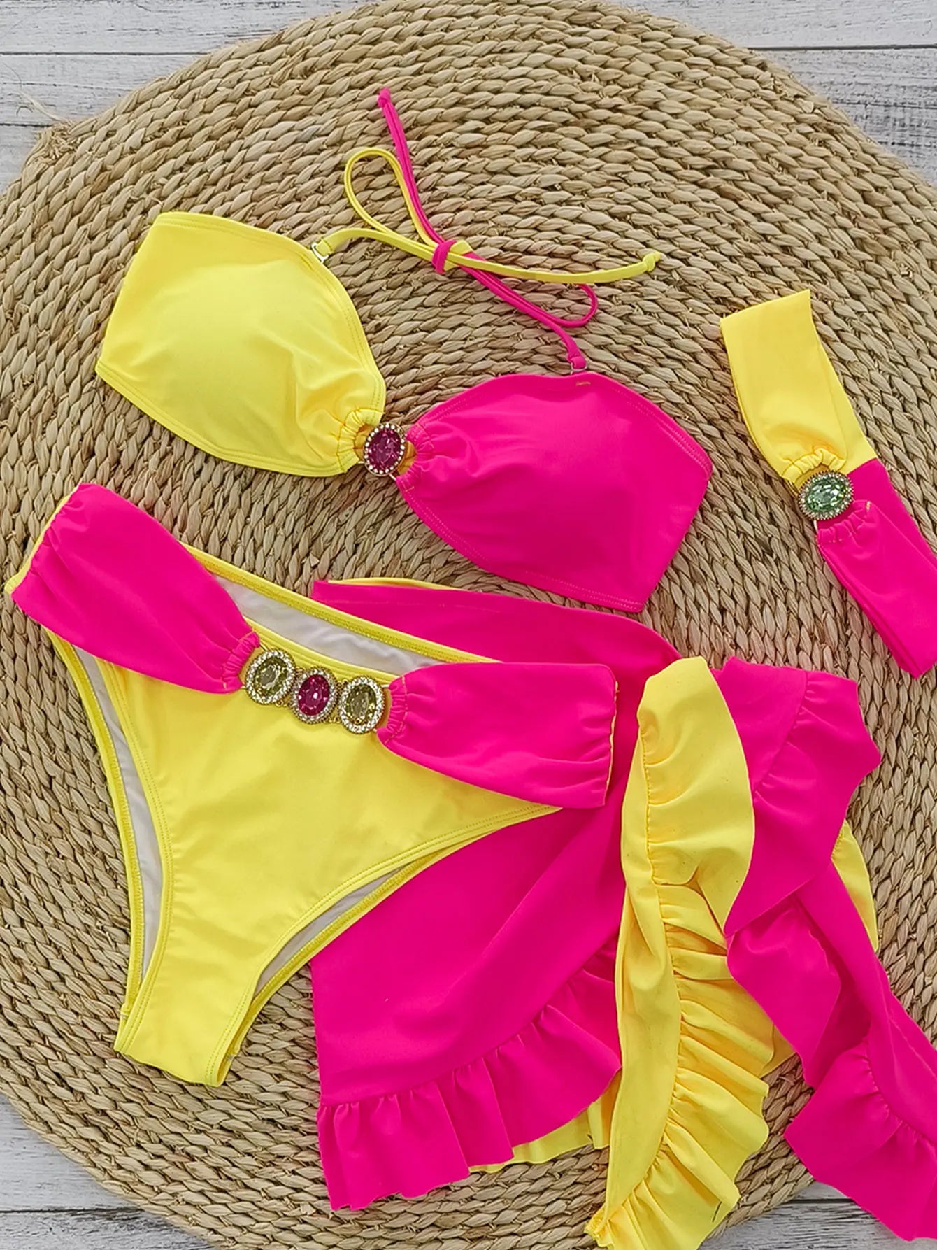 AMEHE Rhinestone Halter Bikini with Beach Skirt – 3-Piece Swimwear Set
