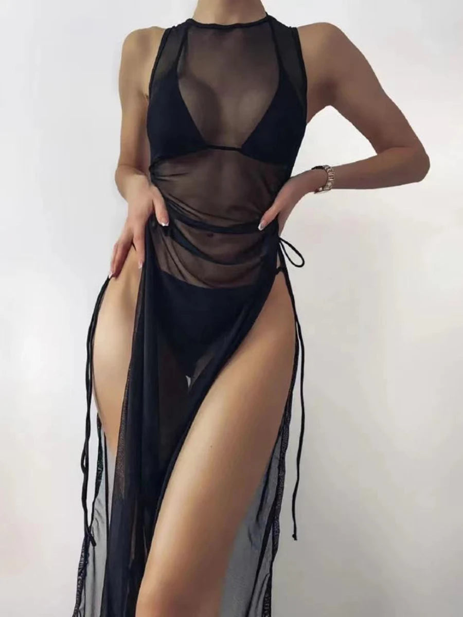AMEHE Solid Color 3-Piece Bikini Set with Beach Cover-Up Dress