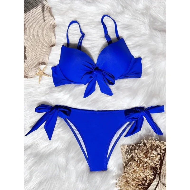 AMEHE Women's Classic Solid Color Push-Up Bandage Two-Piece Bikini