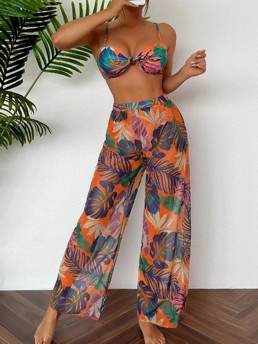 AMEHE 3-Piece Strappy Printed Bikini Set with Beach Pants