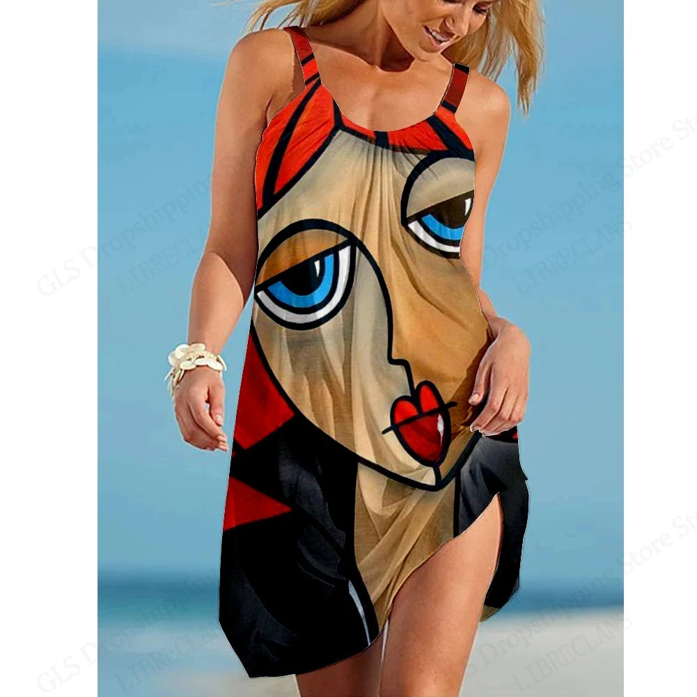 Women’s African Face Print Mini Sundress – Sleeveless Bohemian Beach Dress
