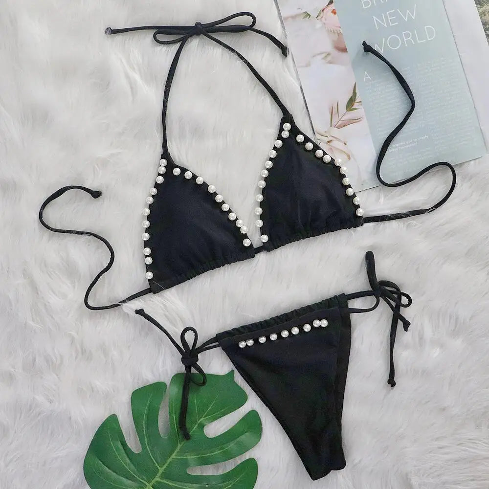 AMEHE Luxury Rhinestone Crystal Two-Piece Thong Bikini Swimsuit