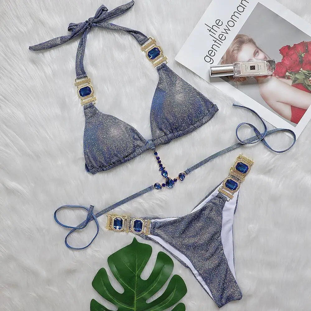 AMEHE Luxury Rhinestone Crystal Two-Piece Thong Bikini Swimsuit