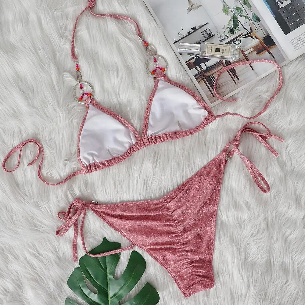 AMEHE Luxury Rhinestone Crystal Two-Piece Thong Bikini Swimsuit
