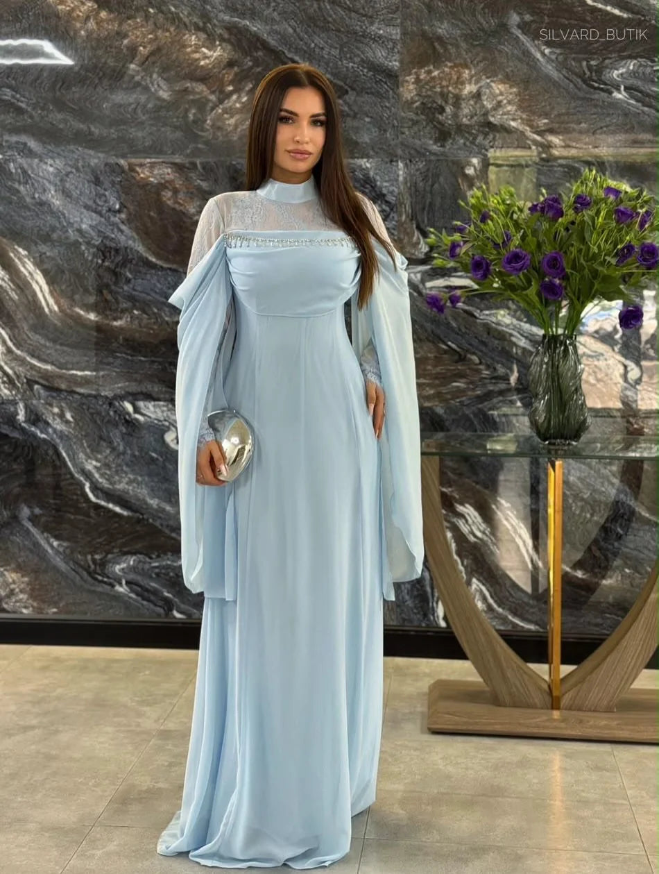 Women’s Light Blue Modest Evening Gown – High Neck Cape Sleeve Formal Dress