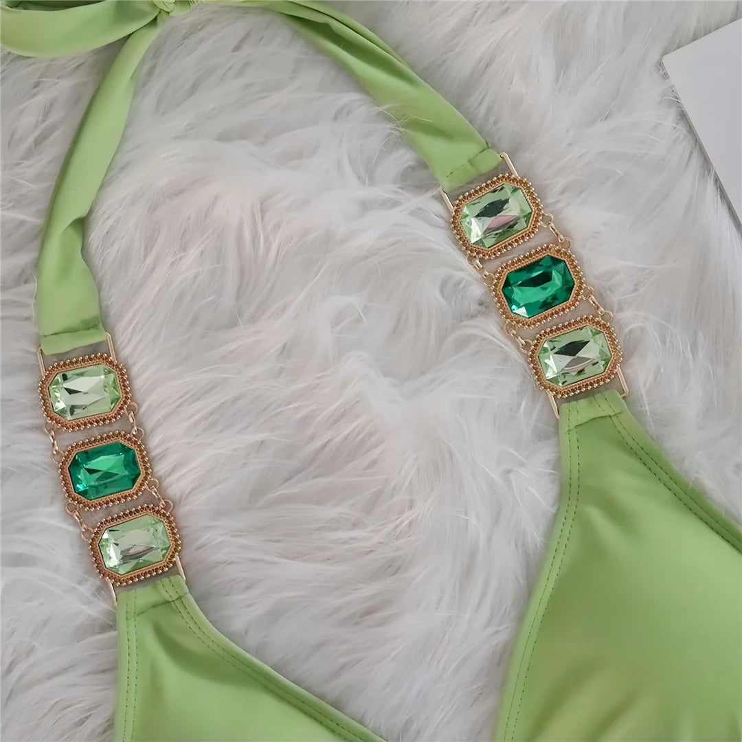 AMEHE Rhinestone Halter Two-Piece Bikini Swimsuit