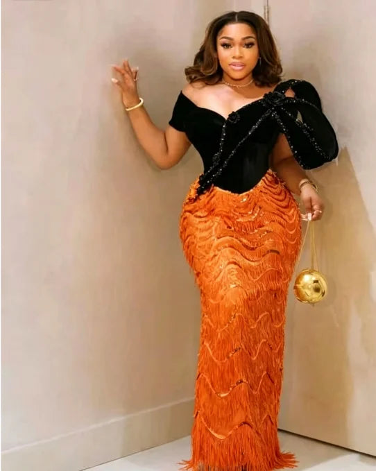 Women’s Black & Gold Velvet Mermaid Evening Gown – Luxury Formal Wedding & Prom Dress