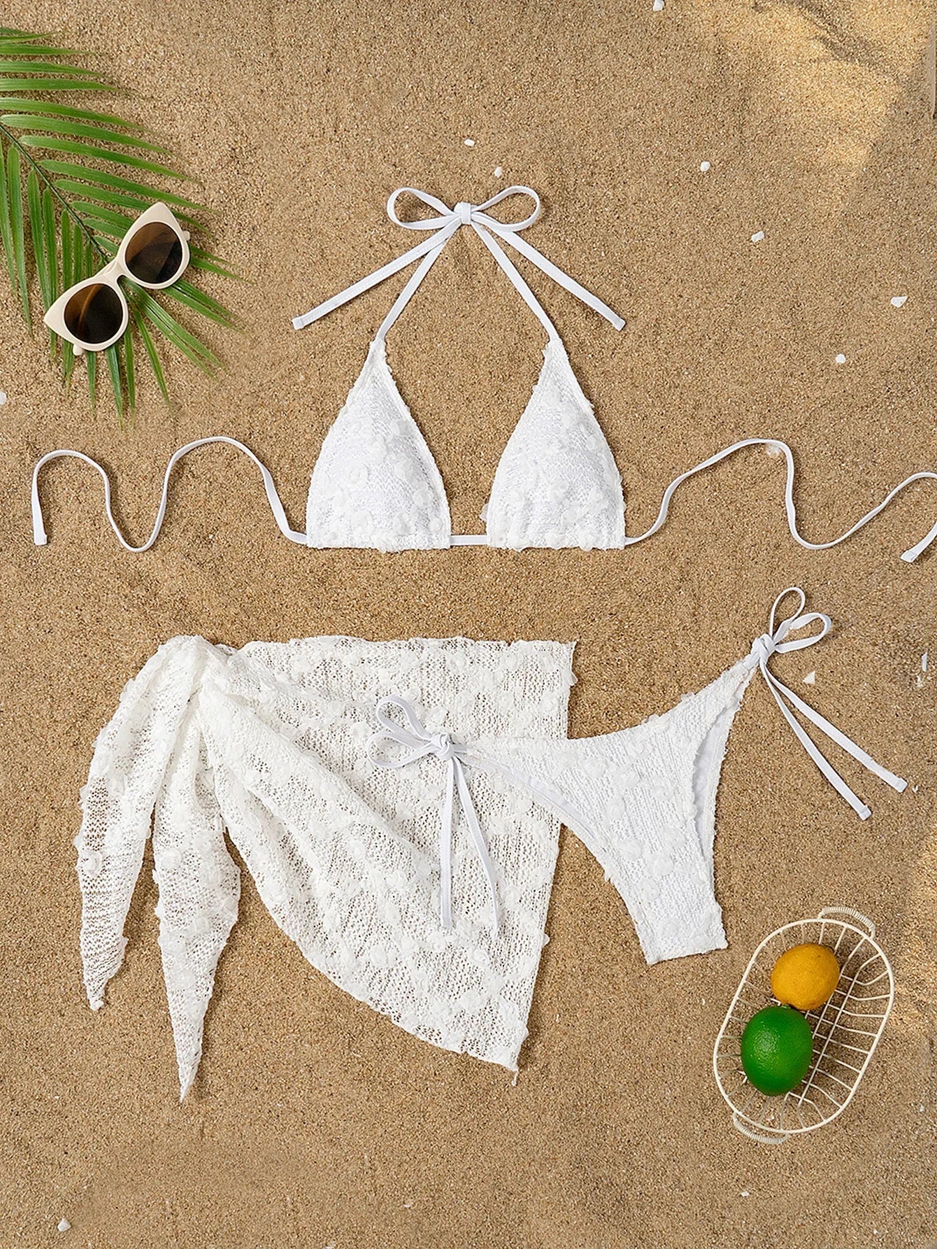 AMEHE White Lace 3-Piece Bikini Set with Cover-Up Skirt