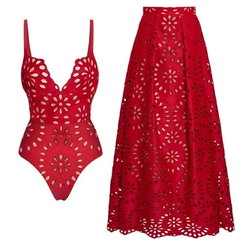 AMEHE Women's Lace Hollow-Out Backless Two-Piece Swimsuit