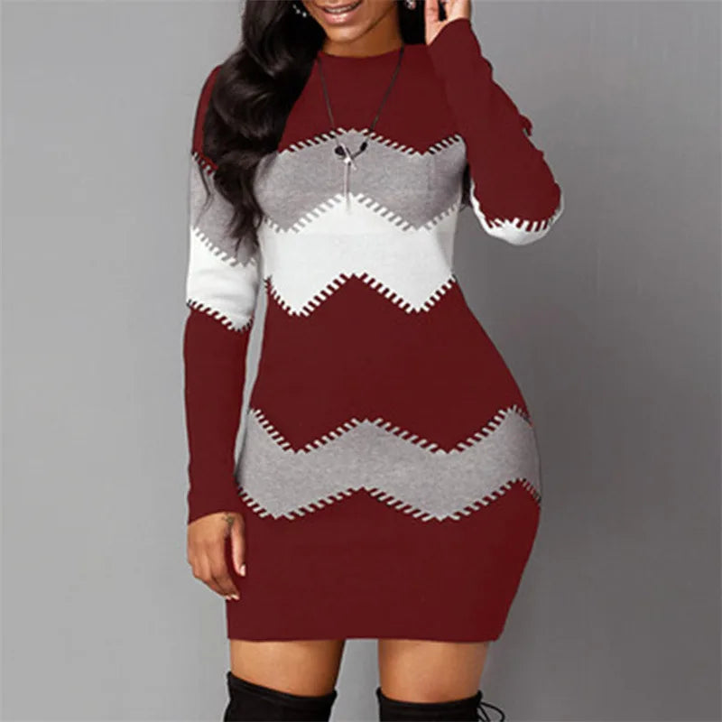 AMEHE Women's Rib Knit Patchwork Turtleneck Mini Sweater Dress