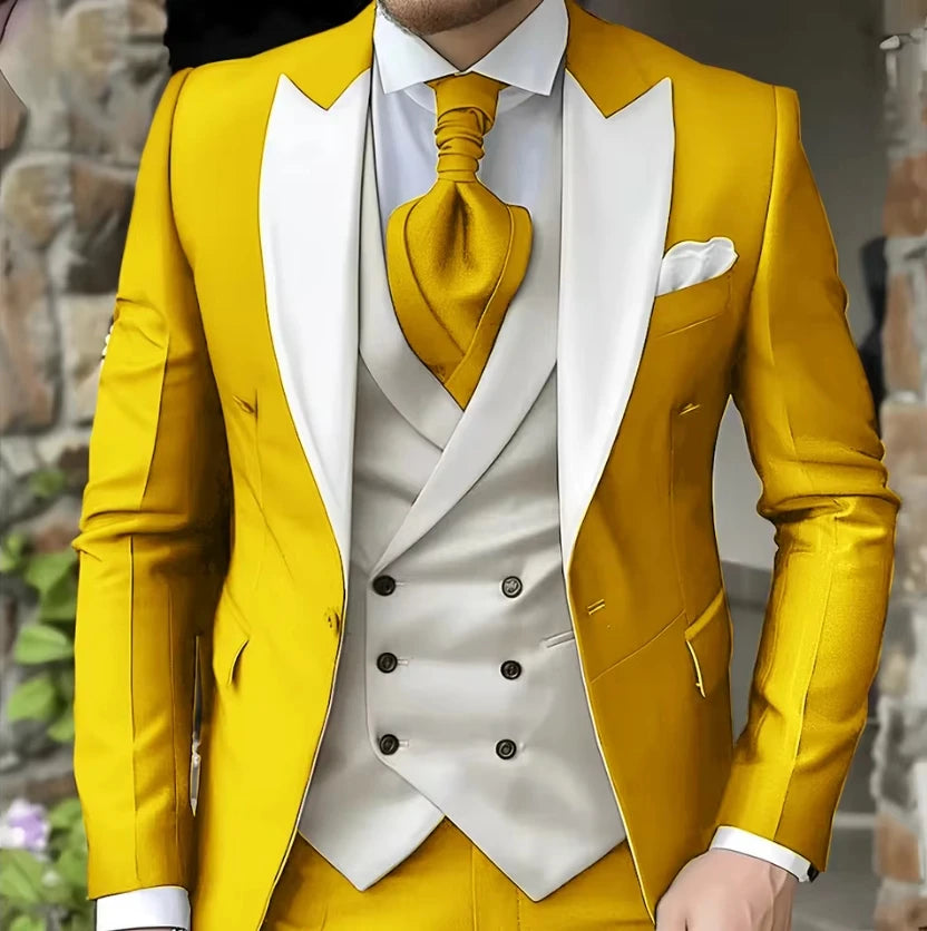 AMEHE Men’s White 3-Piece Tuxedo Suit – Blazer, Vest & Pants