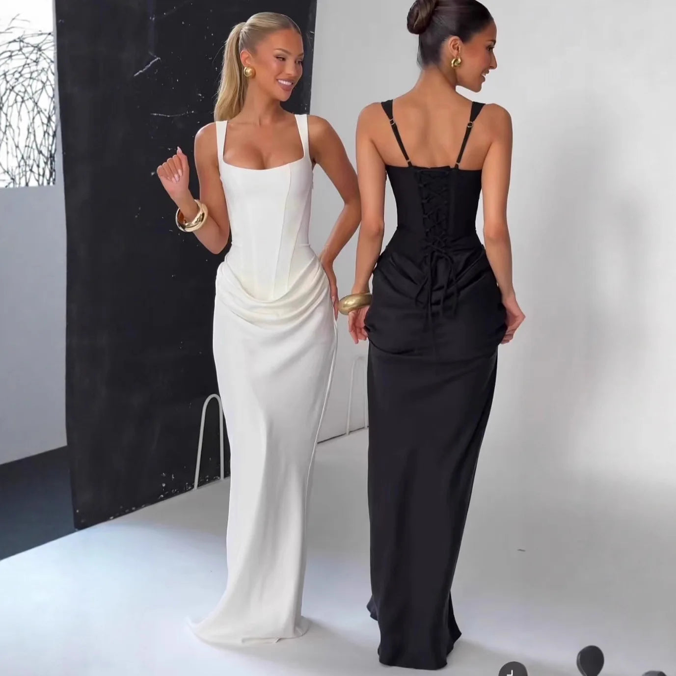 AMEHE Women's U-Neck Backless Ruched Bodycon Maxi Evening Dress
