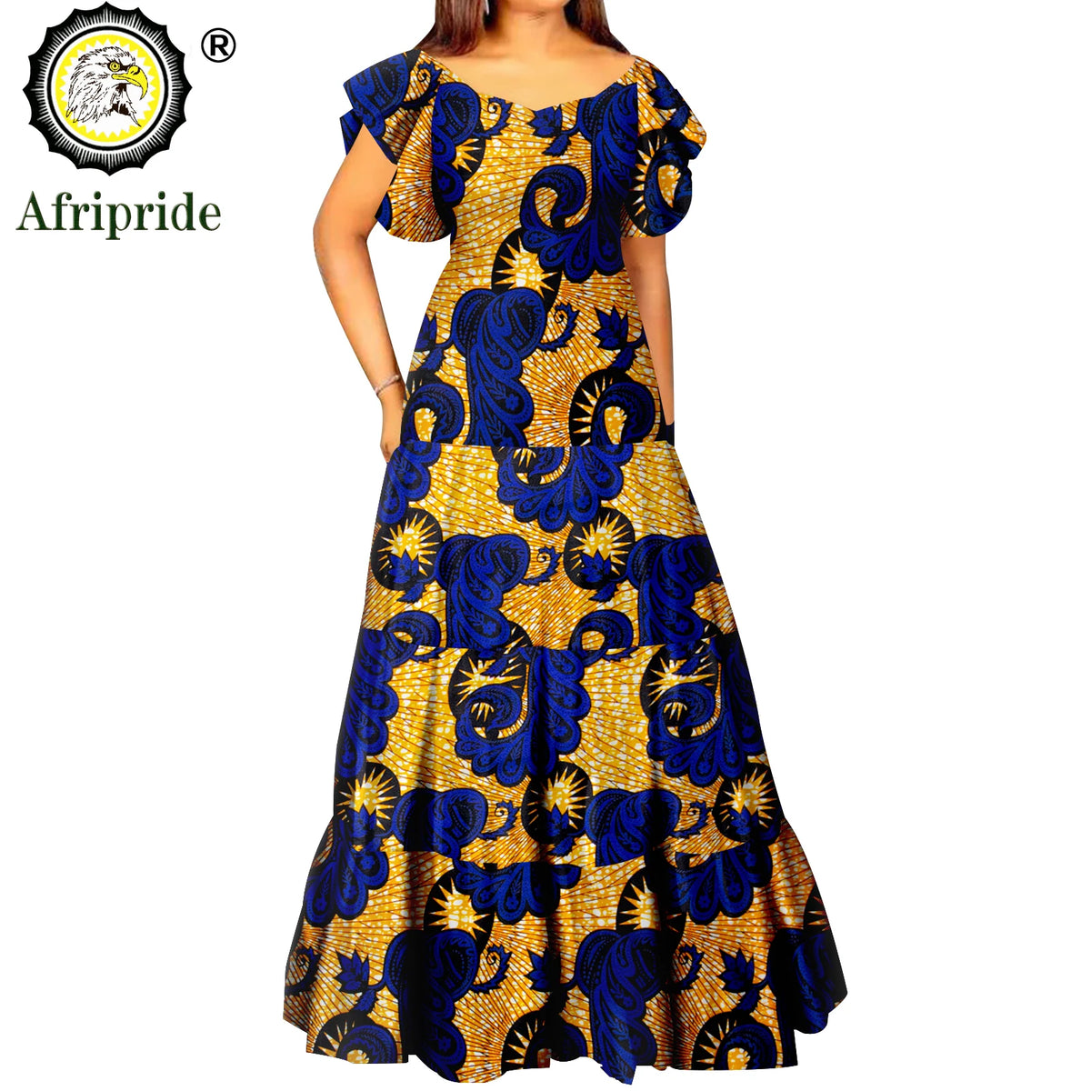 Women’s African Print Maxi Dress – Short Sleeve High Waist Elegant Party & Wedding Attire