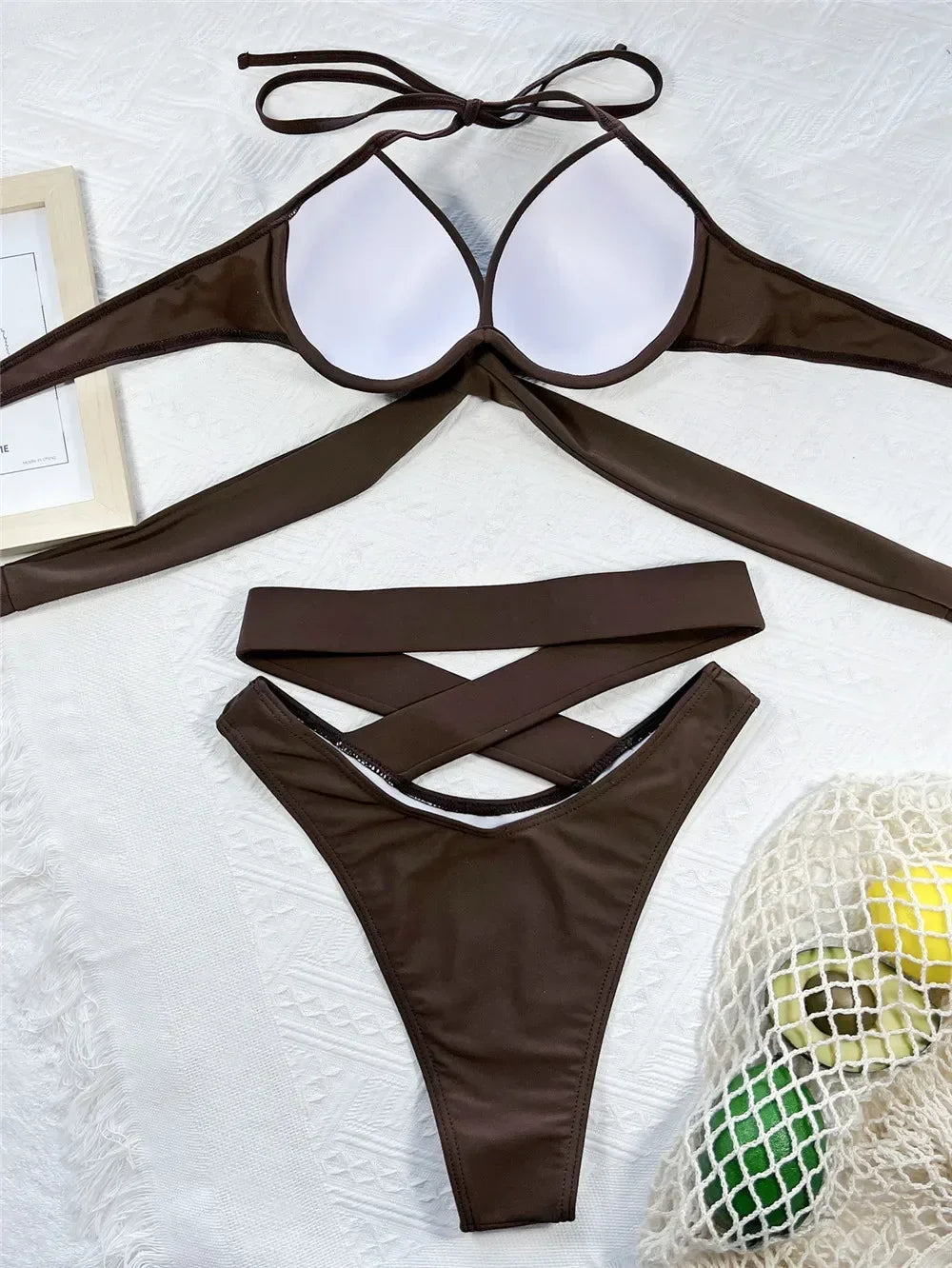 AMEHE Black High-Waisted Halter Push-Up Bikini Swimwear