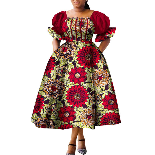Women’s African Print Puff Sleeve Maxi Dress – High Waist Princess Gown