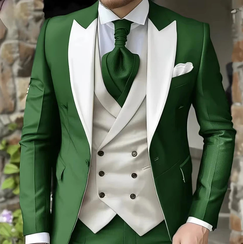 AMEHE Men’s White 3-Piece Tuxedo Suit – Blazer, Vest & Pants
