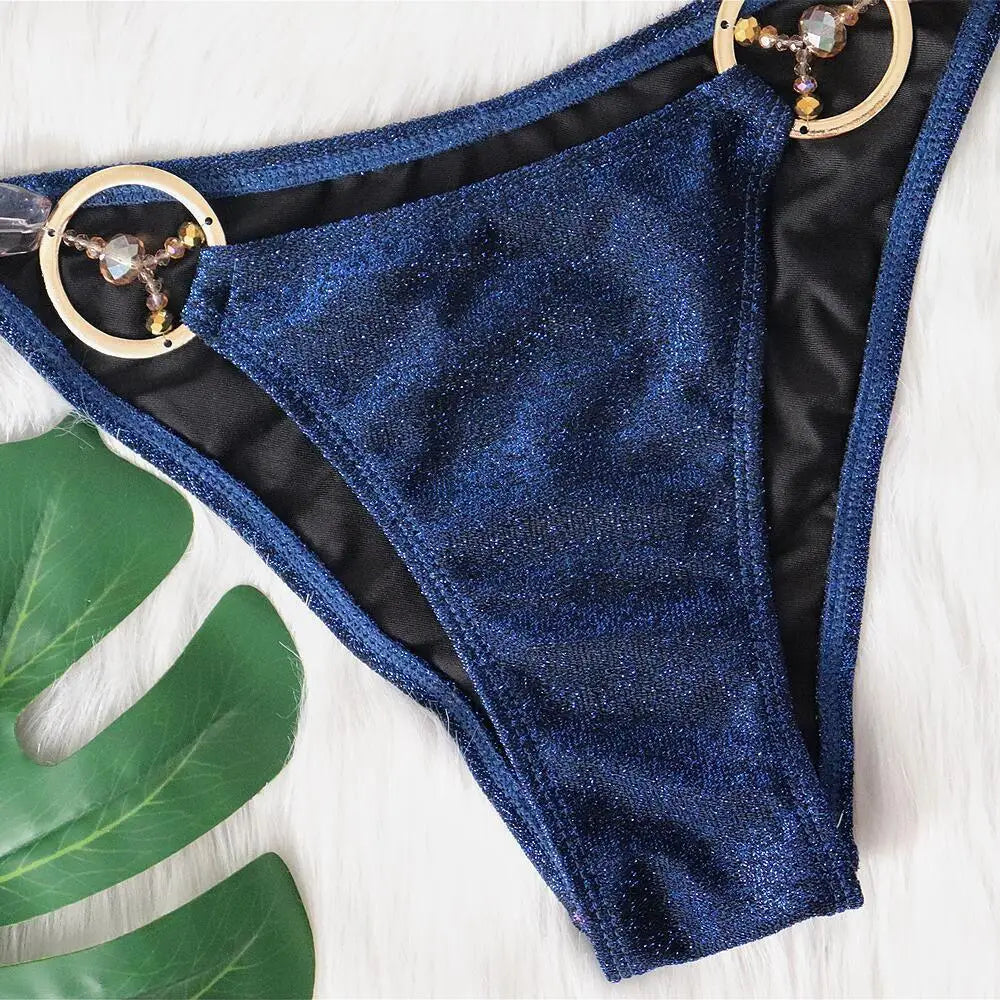 AMEHE Luxury Rhinestone Crystal Two-Piece Thong Bikini Swimsuit