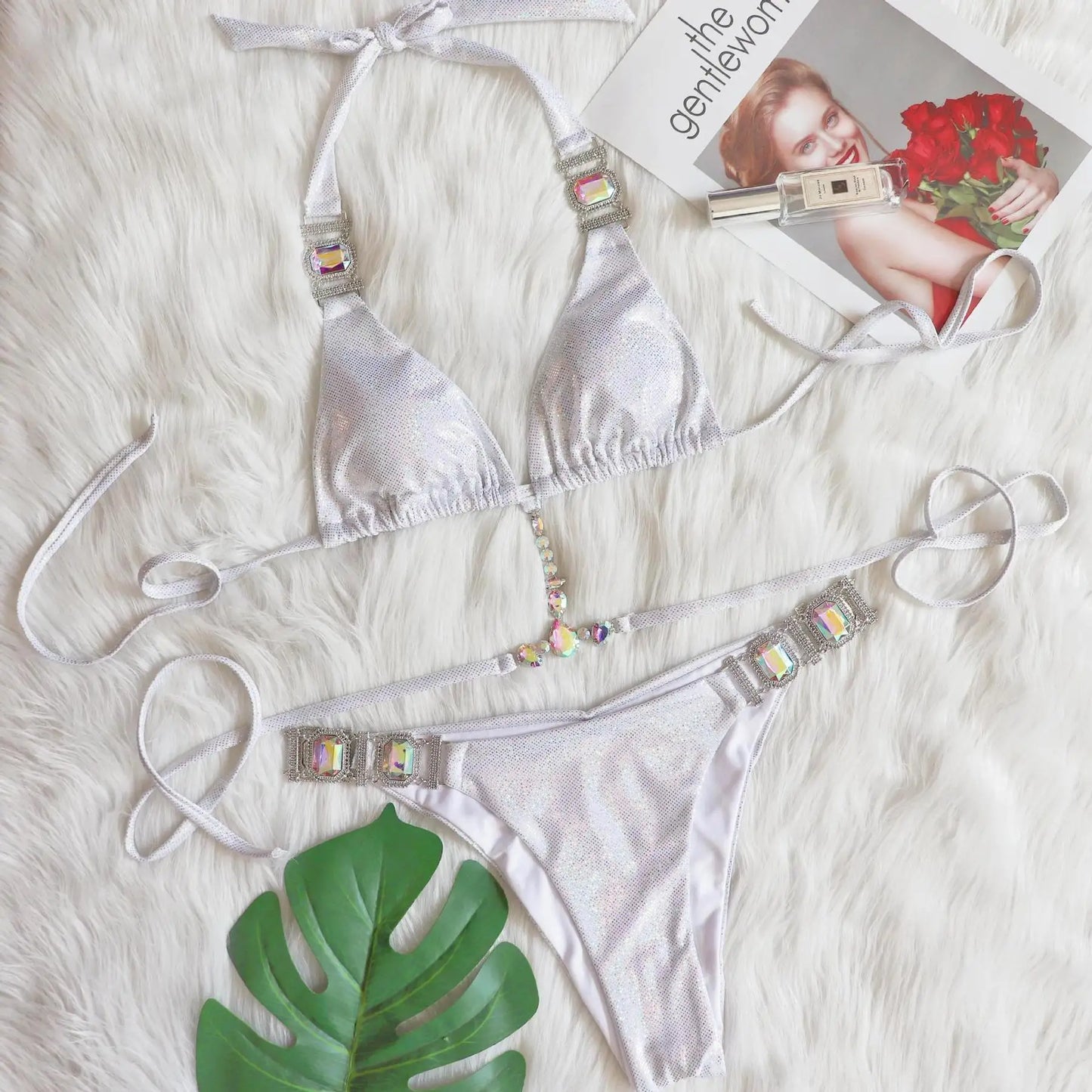 AMEHE Luxury Rhinestone Crystal Two-Piece Thong Bikini Swimsuit