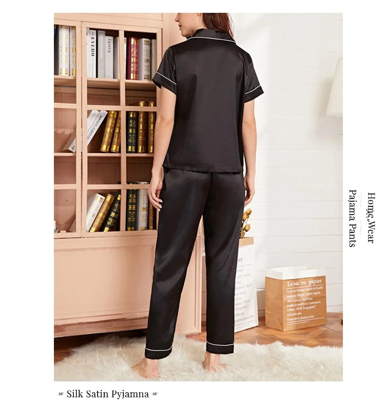AMEHE Women's Satin Heart Embroidered Button-Up Pajama Lounge Set
