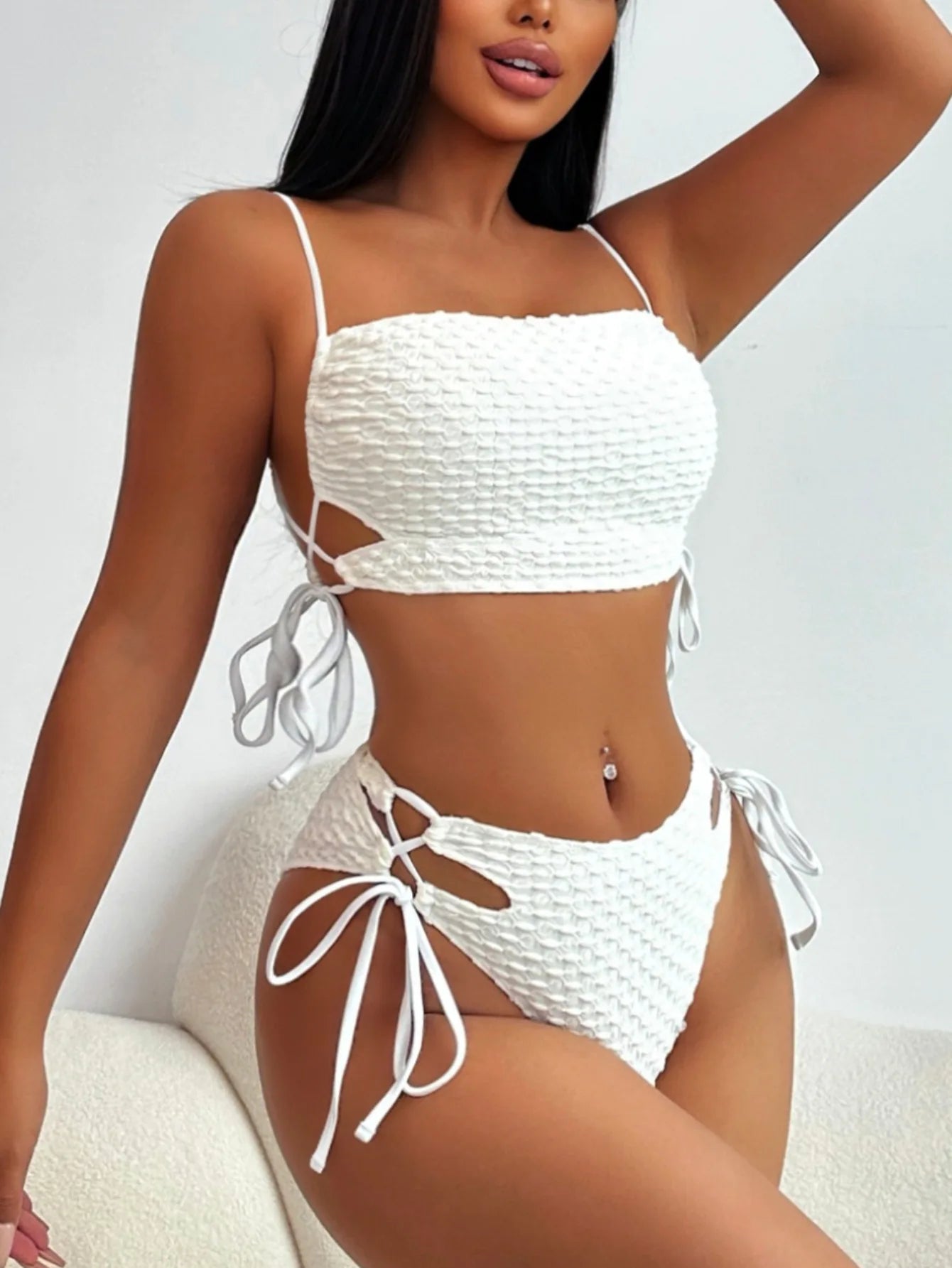 AMEHE Solid Color High-Waist Push-Up Bikini Swimsuit
