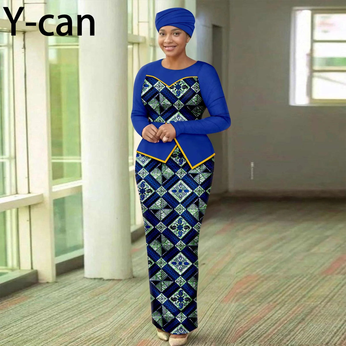 Women’s African Print Patchwork Gown with Headscarf – Elegant Wedding & Party Dress