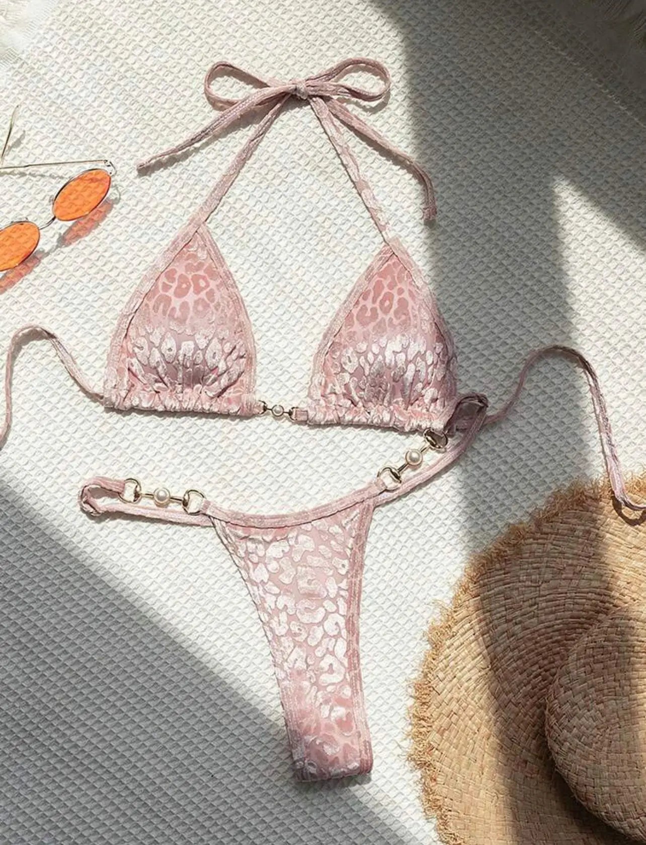 AMEHE Leopard Print Velvet Halter Two-Piece Bikini Swimsuit