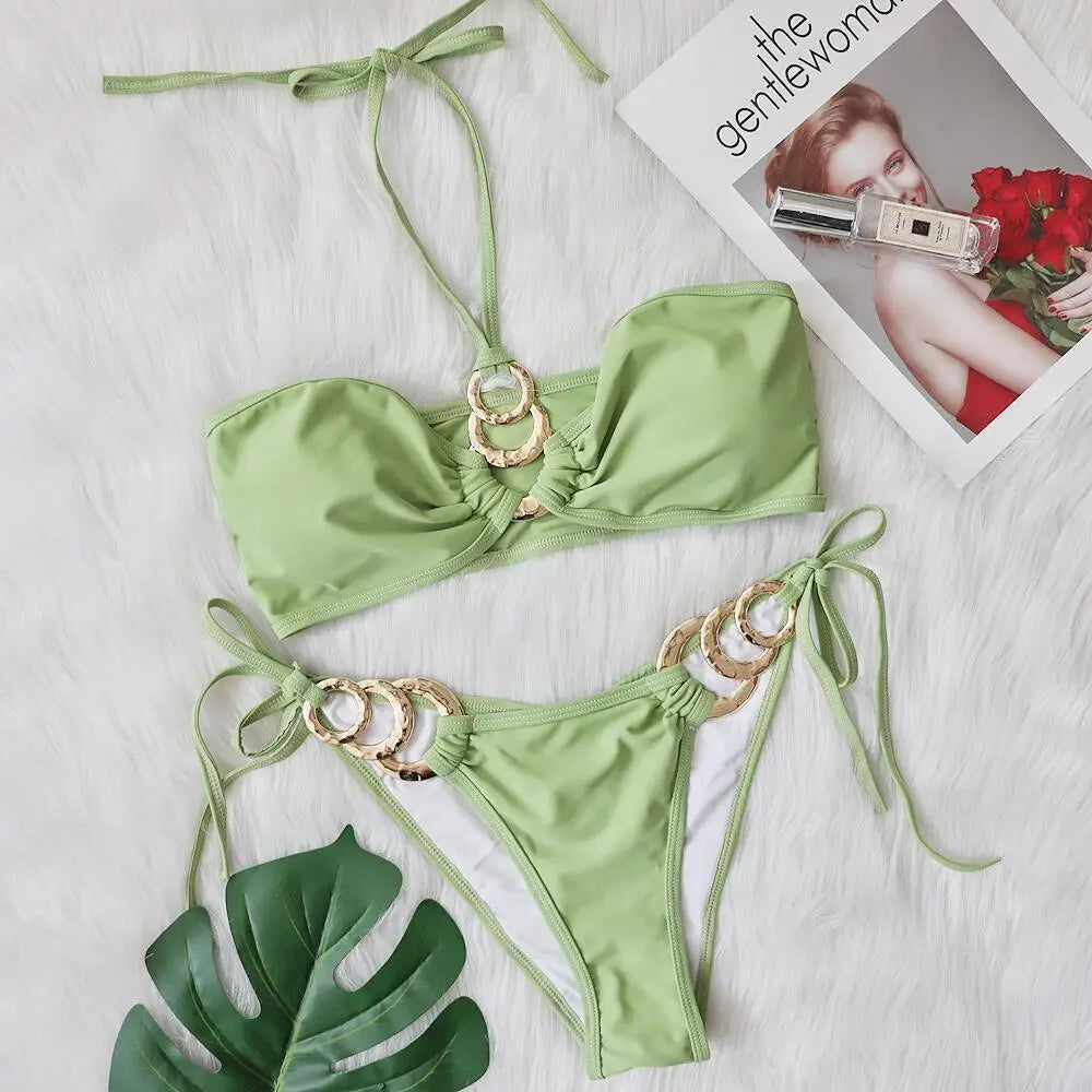 AMEHE Luxury Rhinestone Crystal Two-Piece Thong Bikini Swimsuit