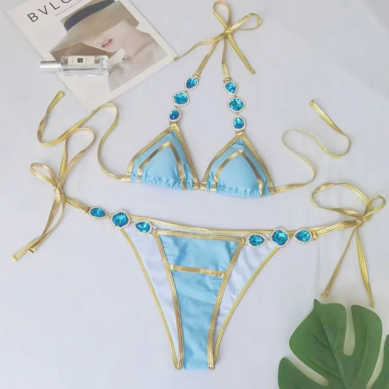 AMEHE Luxury Rhinestone Crystal Two-Piece Thong Bikini Swimsuit
