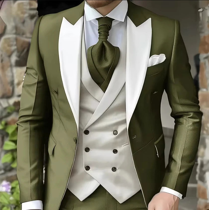 AMEHE Men’s White 3-Piece Tuxedo Suit – Blazer, Vest & Pants