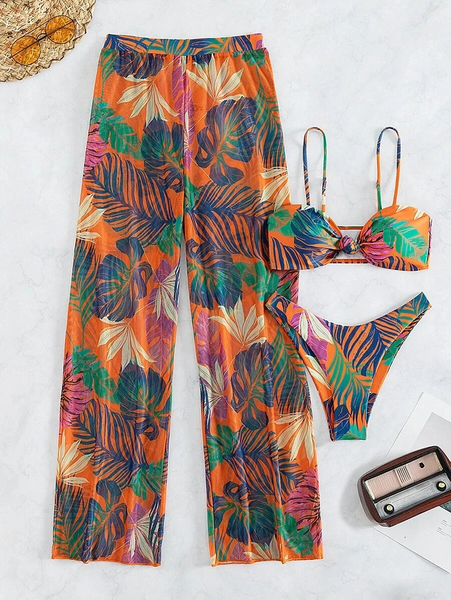 AMEHE 3-Piece Strappy Printed Bikini Set with Beach Pants