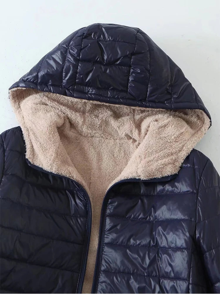 AMEHE Women's Hooded Mid-Length Fleece-Lined Winter Coat