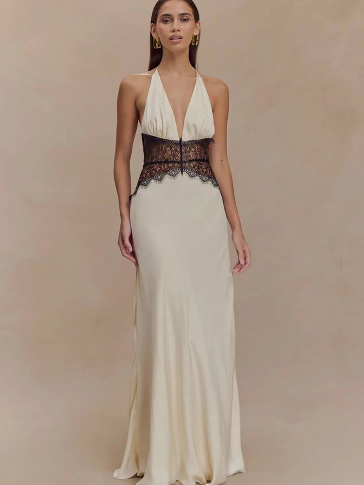 AMEHE Women's Lace Halter Deep V-Neck Backless Maxi Evening Dress