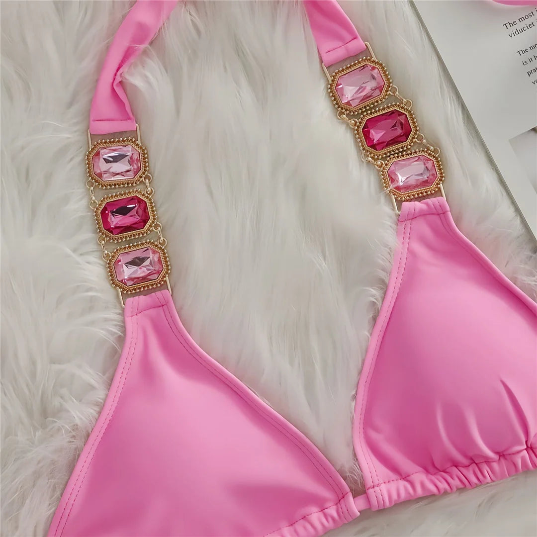 AMEHE Rhinestone Halter Two-Piece Bikini Swimsuit
