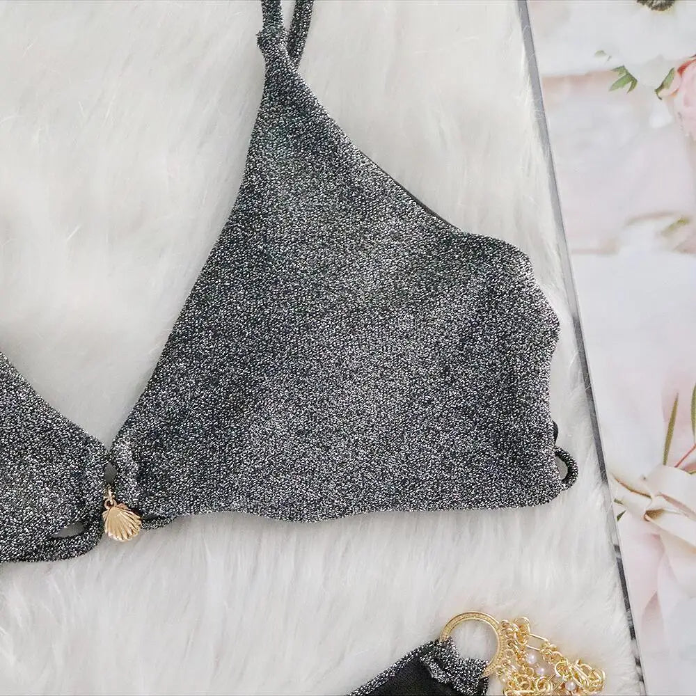 AMEHE Luxury Rhinestone Crystal Two-Piece Thong Bikini Swimsuit