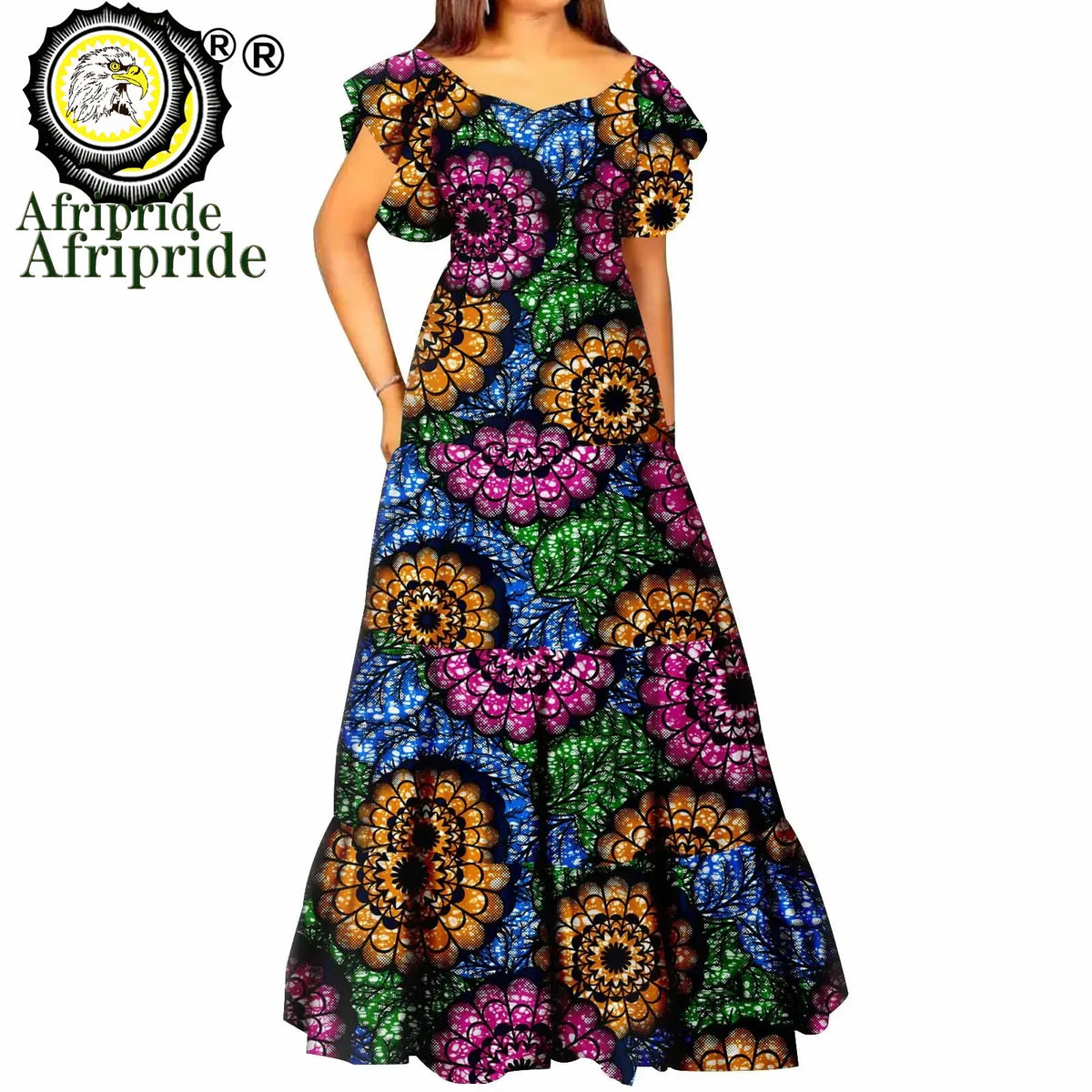 Women’s African Print Maxi Dress – Short Sleeve High Waist Elegant Party & Wedding Attire