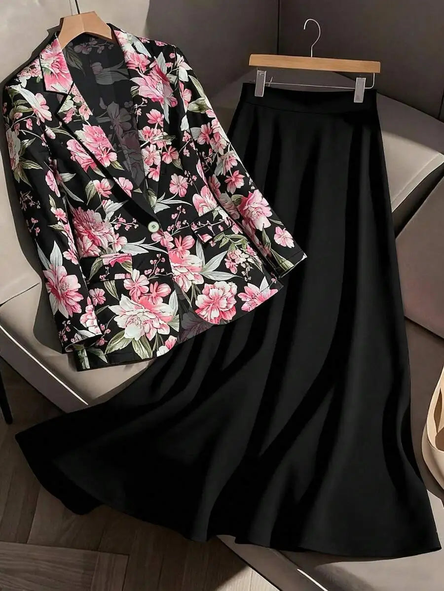 AMEHE Women’s Floral Blazer & A-Line Skirt – 2-Piece Outfit
