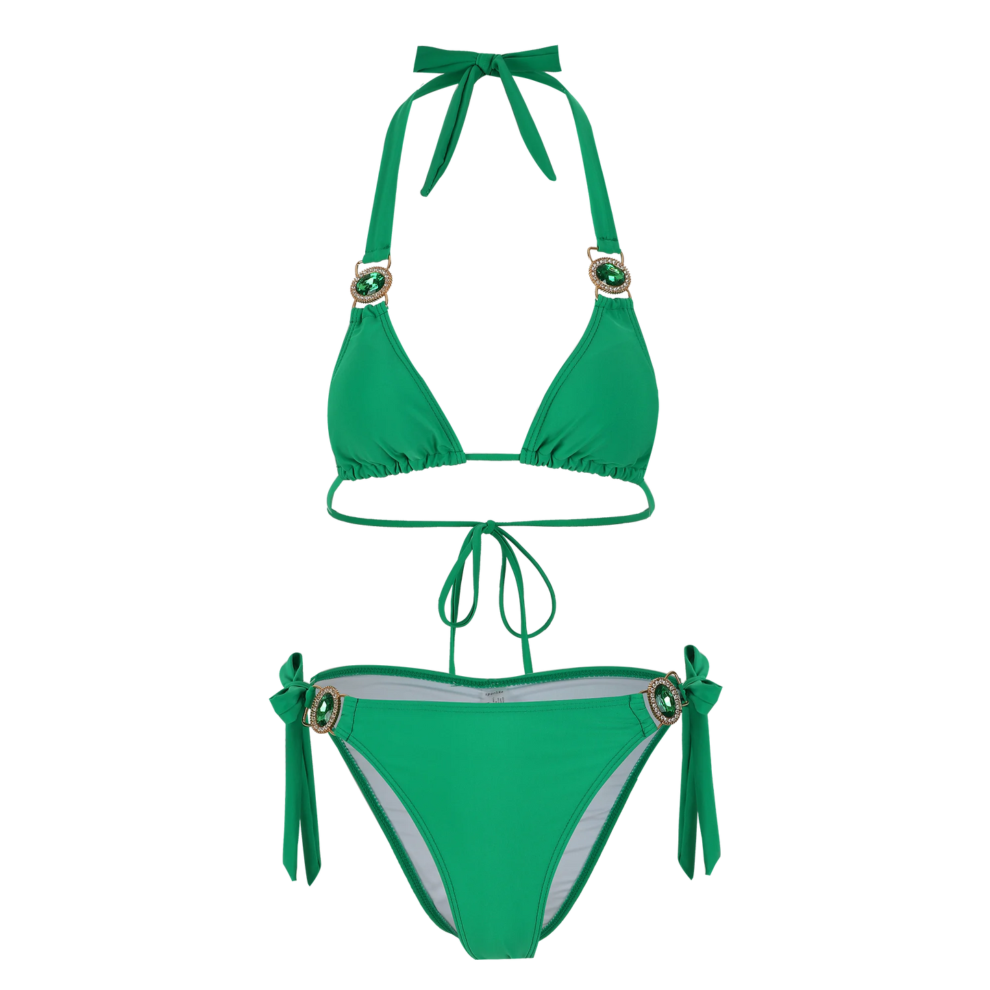 AMEHE Rhinestone Halter Bikini with Beach Skirt – 3-Piece Swimwear Set