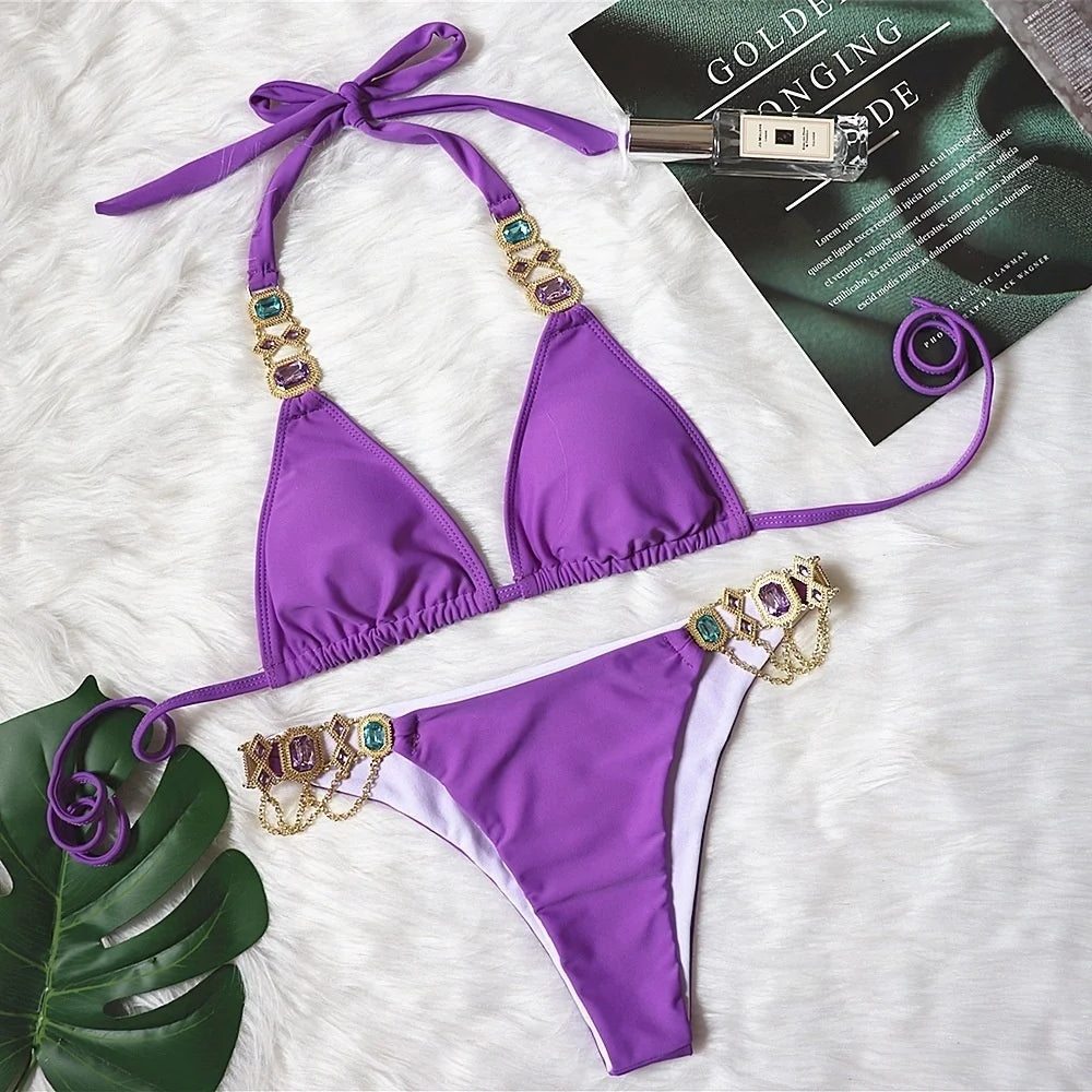 AMEHE Luxury Rhinestone Crystal Two-Piece Thong Bikini Swimsuit
