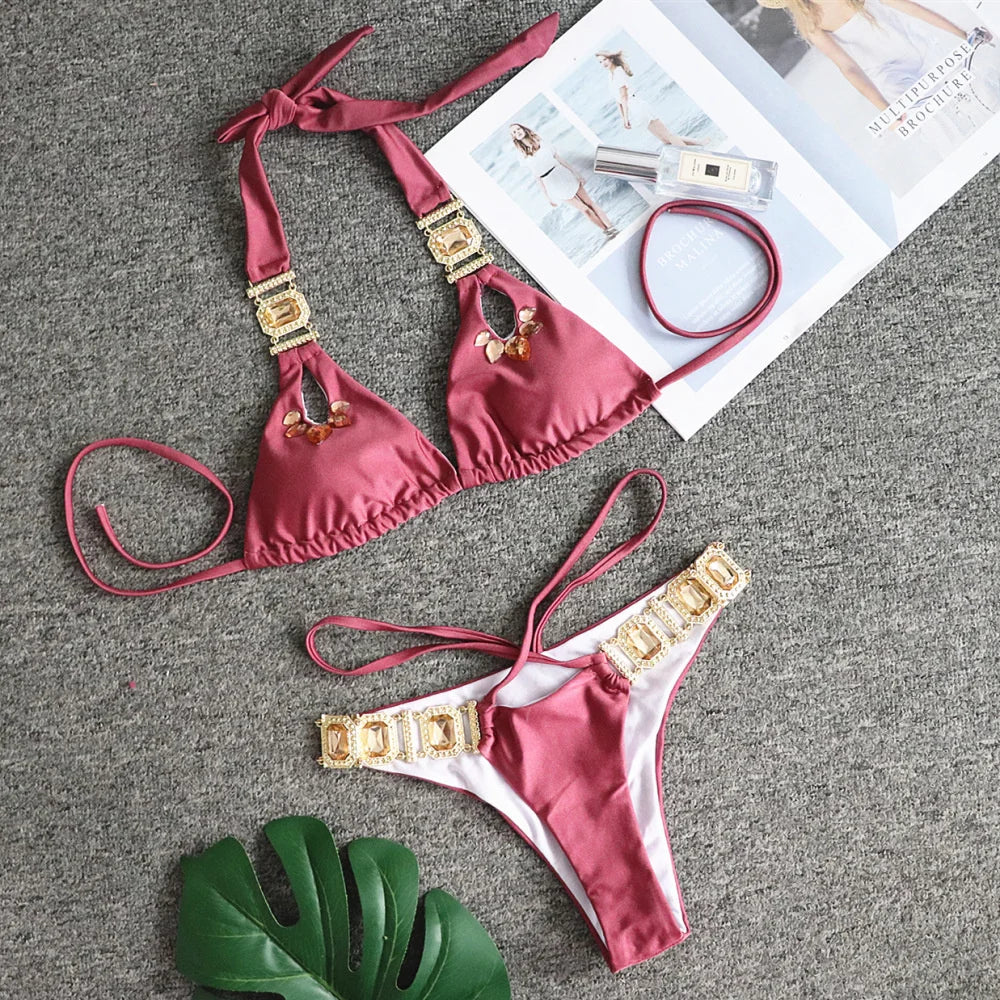 AMEHE Luxury Rhinestone Crystal Two-Piece Thong Bikini Swimsuit