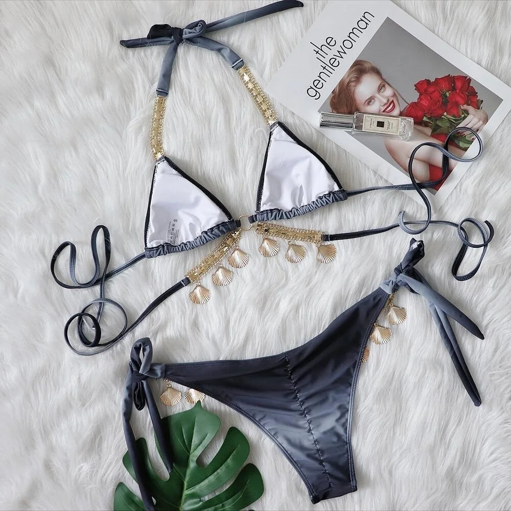 AMEHE Luxury Rhinestone Crystal Two-Piece Thong Bikini Swimsuit